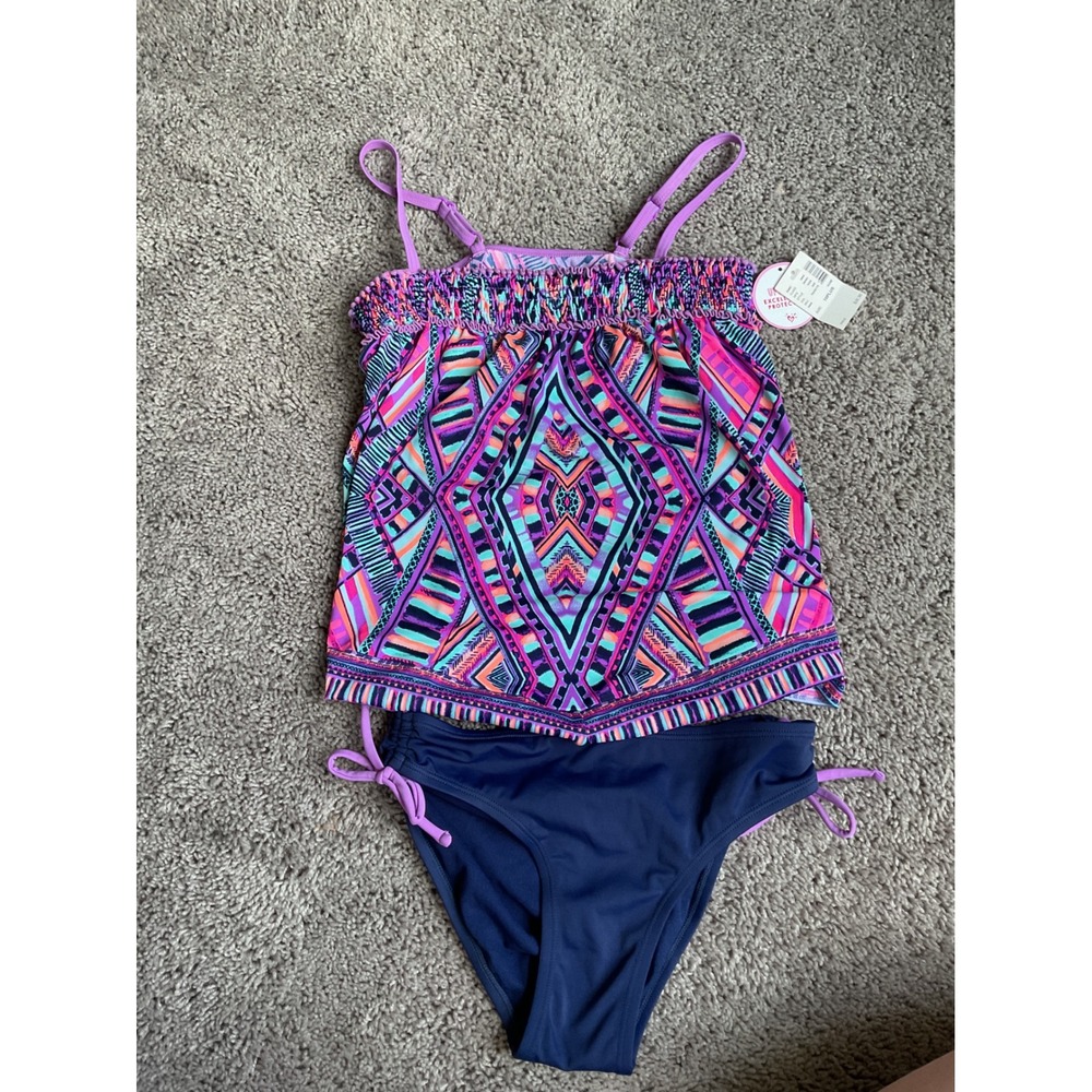 NWT Justice Girls Tankini Swimsuit Set UPF 50+ Navy Purple Size 10